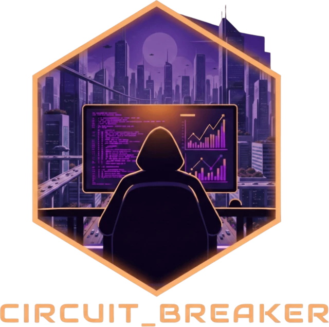 Circuit Breaker logo: a hexagonal badge containing a hooded figure at a monitor of code and charts, against a purple night city, above the Circuit Breaker wordmark.