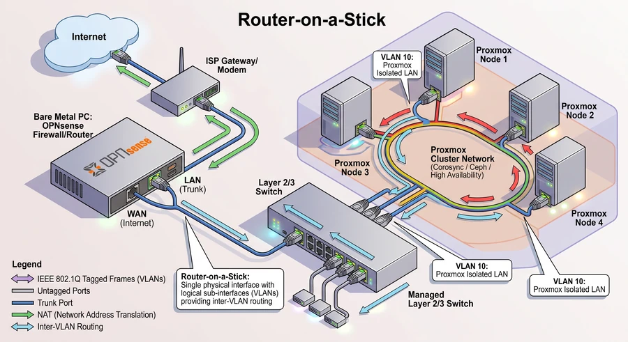 Router-on-a-stick network diagram: the internet reaches an ISP gateway, then a bare-metal OPNsense firewall whose single trunk interface carries tagged VLANs to a managed layer 2/3 switch, which feeds four Proxmox nodes joined in a Corosync and Ceph high-availability cluster ring on an isolated VLAN 10.