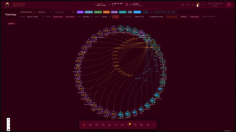 The same topology in a concentric ring layout under a red theme: nodes distributed around two rings with amber connection curves crossing the centre, and an icon toolbar along the bottom.